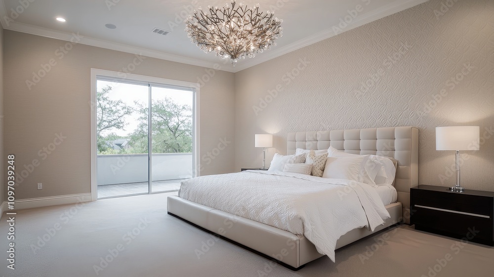 Fototapeta premium Modern and Elegant Bedroom Design Featuring a Plush Bed, Artistic Chandelier, Soft Lighting, and Inviting Neutral Tones with Large Windows for Natural Light