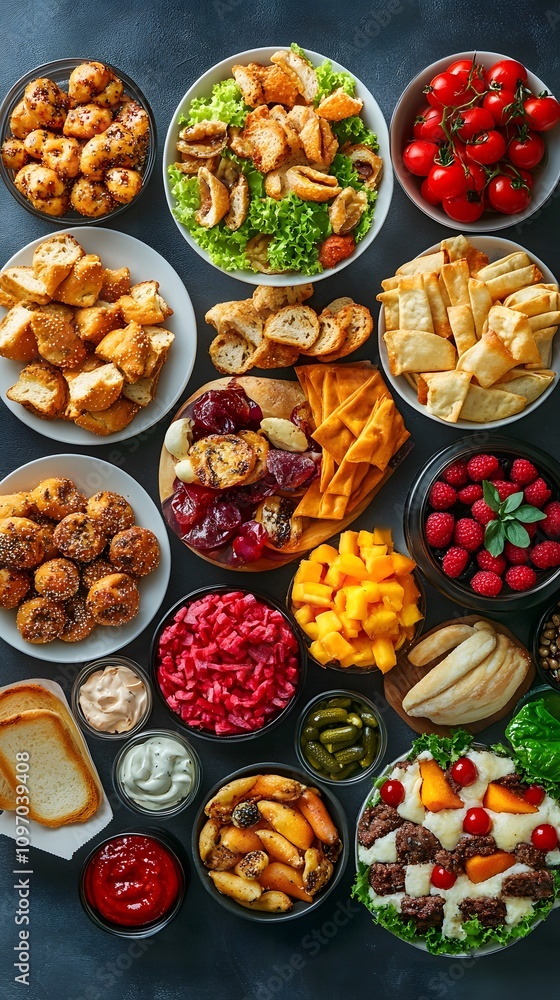 A colorful array of delicious meals and snacks beautifully arranged on a table. A colorful array of delicious meals and snacks beautifully arranged on a table.