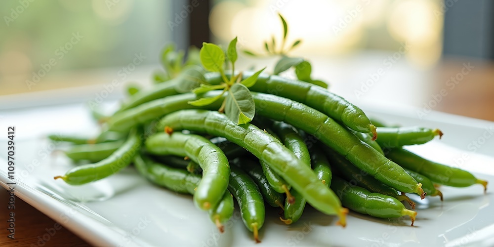 Fresh green beans on white plate in natural light Fresh green beans on white plate in natural light