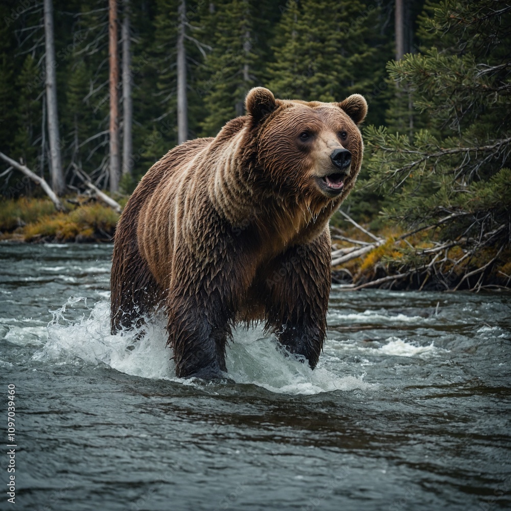 A grizzly bear fishing in a rushing river surrounded by pine trees. A grizzly bear fishing in a rushing river surrounded by pine trees.