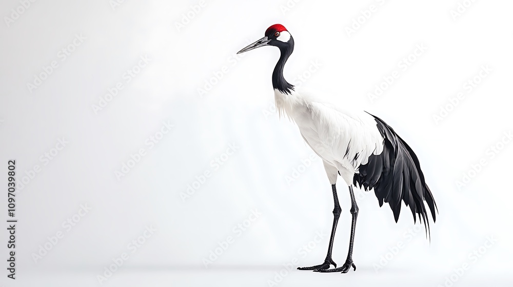 Elegant red-crowned crane standing against a minimalist white background. The bird's striking black and white plumage contrasts beautifully with the clean backdrop. Elegant red-crowned crane standing against a minimalist white background. The bird's striking black and white plumage contrasts beautifully with the clean backdrop.