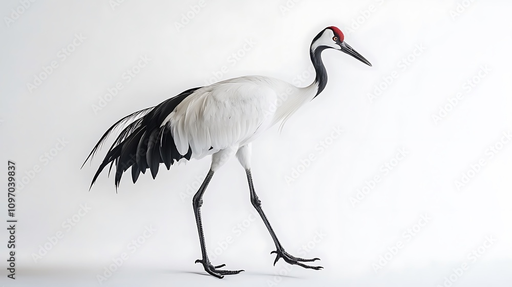 Obraz premium A majestic red-crowned crane gracefully strides across a minimalist white backdrop, its elegant form and striking black and white plumage creating a captivating contrast.