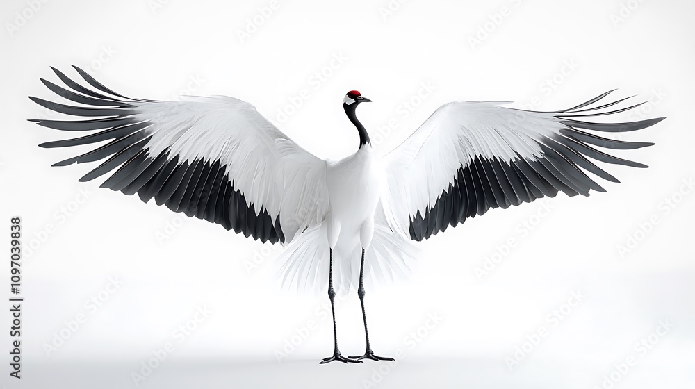 Majestic red-crowned crane with wings outstretched against a stark white background. The elegant bird's black and white plumage is beautifully detailed. Majestic red-crowned crane with wings outstretched against a stark white background. The elegant bird's black and white plumage is beautifully detailed.