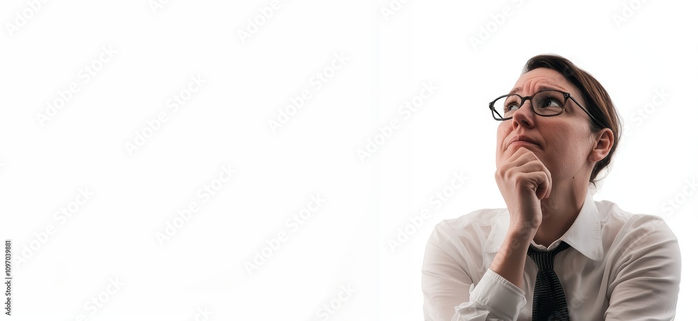 Thoughtful woman in a white shirt and glasses, pondering ideas with a focused expression. Thoughtful woman in a white shirt and glasses, pondering ideas with a focused expression.