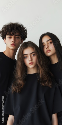 Three young adults with diverse features posing in simple black tops against a light background.