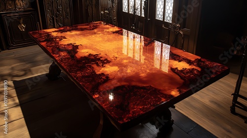 A mesmerizing resin table, rich with fiery orange and deep black tones. The glossy surface reflects the surrounding light, enhancing its captivating allure.