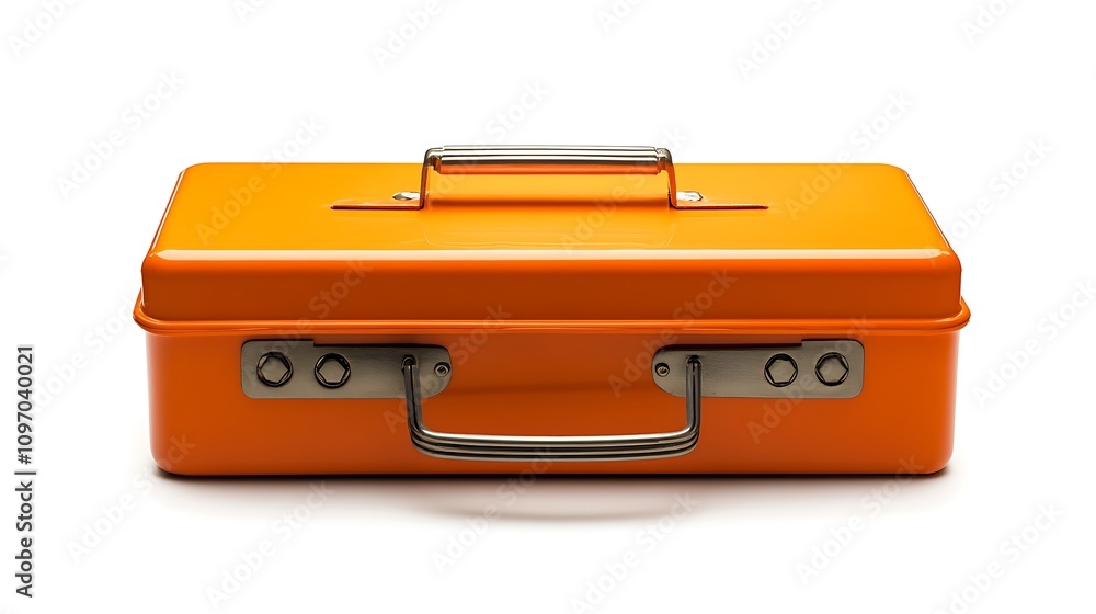 Bright orange metal toolbox with a handle, perfect for storing small items. A pop of color against a white background. Bright orange metal toolbox with a handle, perfect for storing small items. A pop of color against a white background.