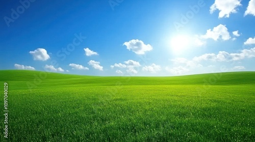 Sunny Day Over Lush Green Rolling Hills Field