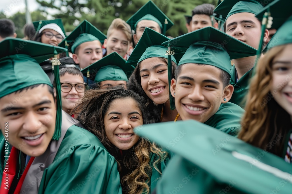 A group of graduating students wearing green caps smile for a photo on graduation day A cluster of students smiling for the camera on graduation day A group of graduating students wearing green caps smile for a photo on graduation day A cluster of students smiling for the camera on graduation day