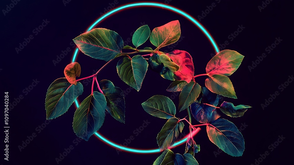 Vibrant plant leaves in neon light. Dark background, striking colors. Vibrant plant leaves in neon light. Dark background, striking colors.