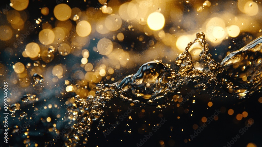 Golden Water Bubbles Shimmering in Dark Background Golden Water Bubbles Shimmering in Dark Background