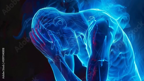 3D illustration of a human figure in a curled pose with highlighted pain points. Medical and health concept for educational purposes, suitable for scientific poster and textbook design