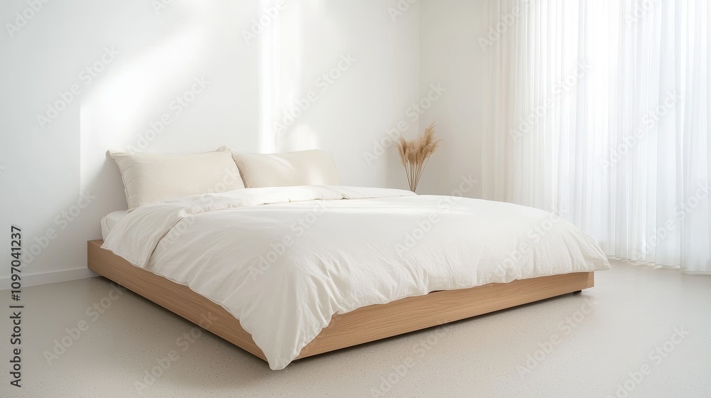 Cozy Minimalist Bedroom with Natural Light and Soft Bedding in a Contemporary Design for a Serene Atmosphere and Relaxation Space Cozy Minimalist Bedroom with Natural Light and Soft Bedding in a Contemporary Design for a Serene Atmosphere and Relaxation Space