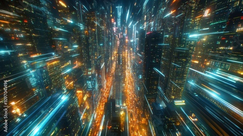 A vibrant cityscape with dynamic light trails, evoking a sense of speed.