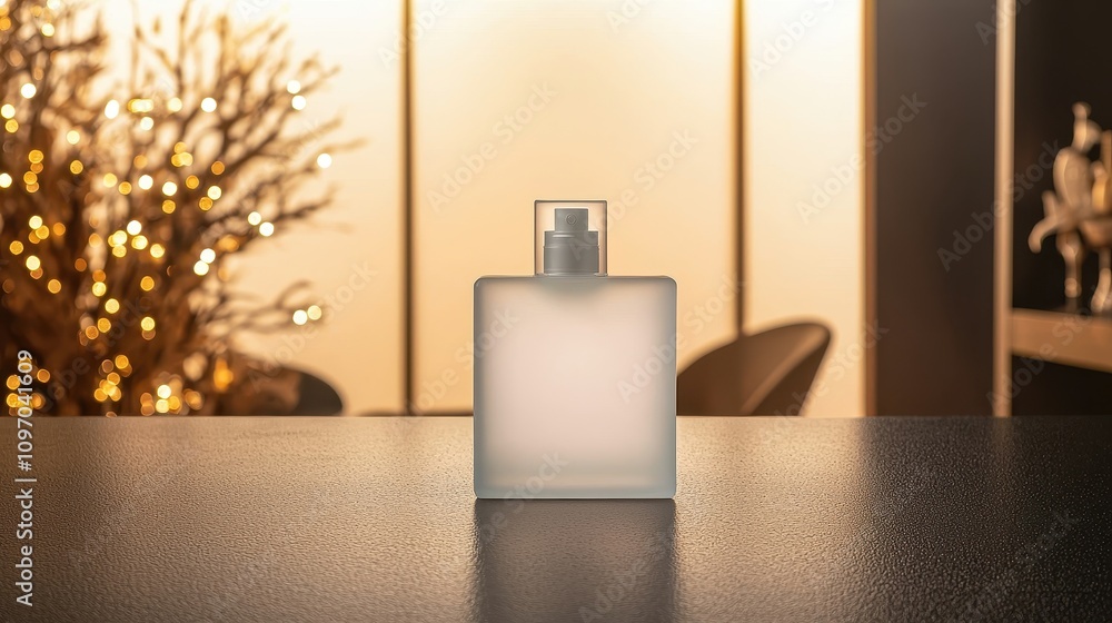 Elegant Glass Perfume Bottle Displayed on a Table with a Warm Ambient Background and Glowing Decorative Lights Creating a Cozy Atmosphere in a Modern Room Elegant Glass Perfume Bottle Displayed on a Table with a Warm Ambient Background and Glowing Decorative Lights Creating a Cozy Atmosphere in a Modern Room