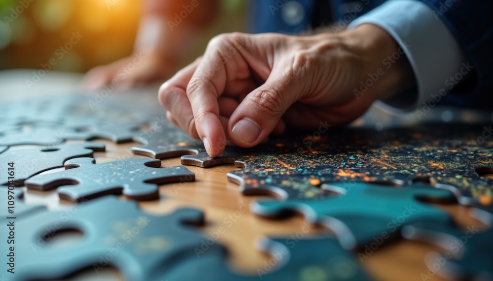 Senior man places final jigsaw puzzle piece completing task. Teamwork concept. Business metaphor problem solving. Success achievement. Hand places game piece. Puzzle connection idea. Senior man places final jigsaw puzzle piece completing task. Teamwork concept. Business metaphor problem solving. Success achievement. Hand places game piece. Puzzle connection idea.