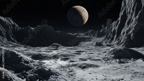 A moonlit alien landscape with craters, strange rock formations, and a planet rising on the horizon photo