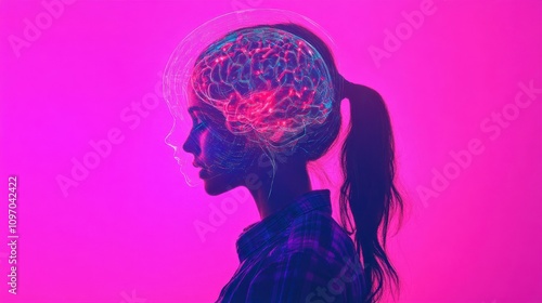 Creative illustration of a woman's profile with a glowing brain design against a vibrant pink background