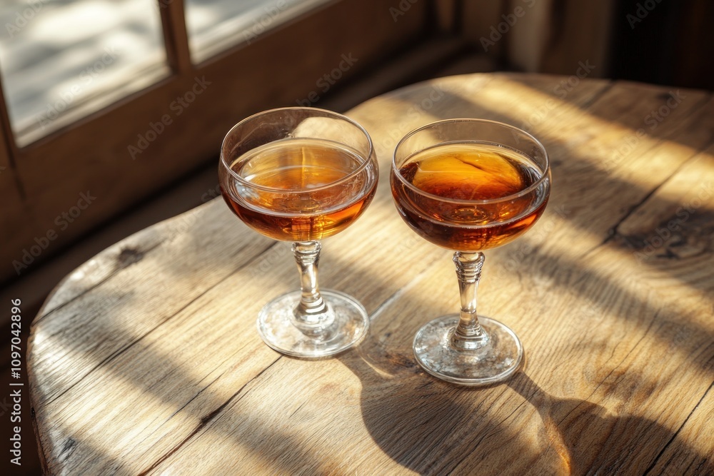 Two Glasses Of Amber Liquid On Wooden Table Two Glasses Of Amber Liquid On Wooden Table
