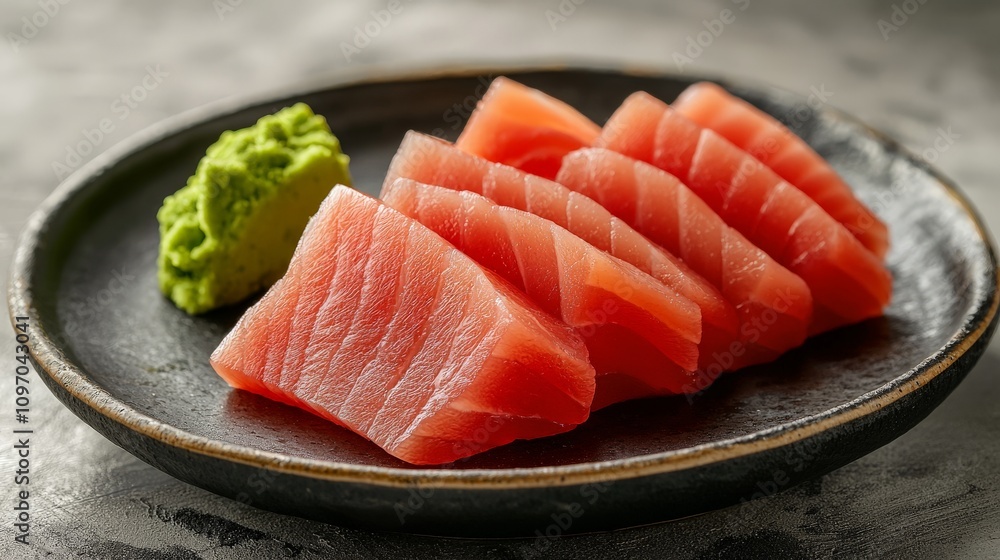 Close-up of Sashimi with Wasabi under bright studio lighting, highlighting the texture of the fish and the sharp contrast of the wasabi Close-up of Sashimi with Wasabi under bright studio lighting, highlighting the texture of the fish and the sharp contrast of the wasabi