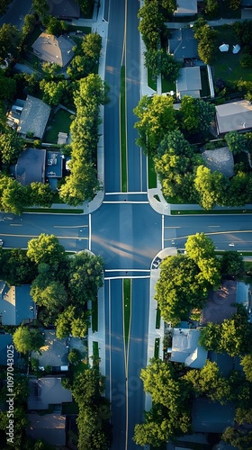 Aerial view of a suburban intersection surrounded by lush greenery.