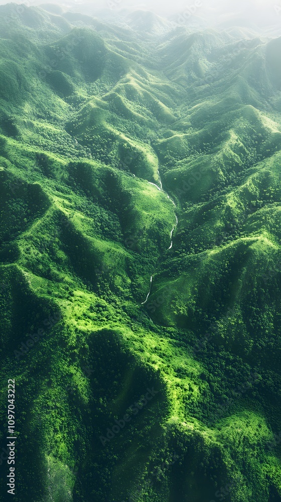 Breathtaking aerial view of lush green mountains and valleys under soft sunlight. Breathtaking aerial view of lush green mountains and valleys under soft sunlight.