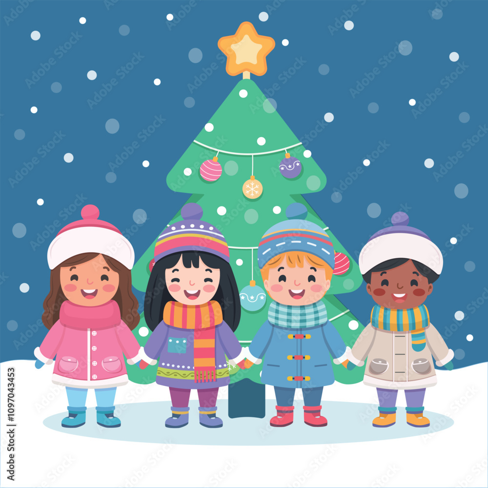 Merry Christmas concept. Cute and friendly multinational children holding hands and Christmas tree under snow. Poster, Banner, Flyer, Greeting Card. Vector illustration in flat cartoon style Merry Christmas concept. Cute and friendly multinational children holding hands and Christmas tree under snow. Poster, Banner, Flyer, Greeting Card. Vector illustration in flat cartoon style