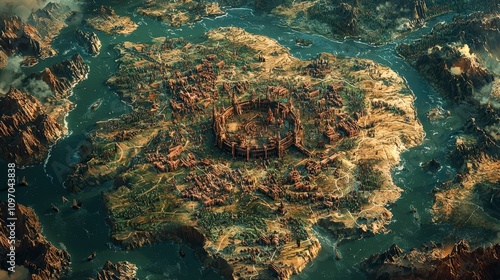 A fortress city stands at the center of the image, surrounded by protective walls and nestled within the natural landscape showcasing human architecture and defense. photo