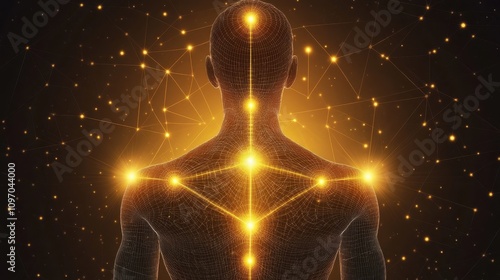 Cosmic energy visualization depicting a human figure with glowing points of light in a dark space