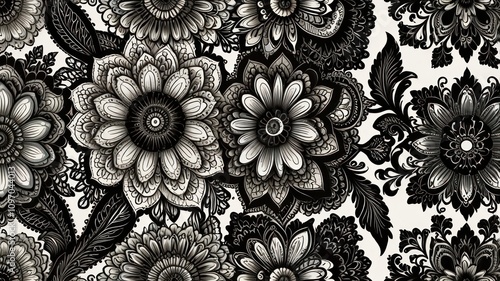 Monochrome floral pattern with intricate details and ornate designs.