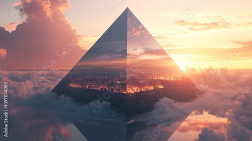 Futuristic floating city in geometric pyramid, sunset reflections above sea of clouds