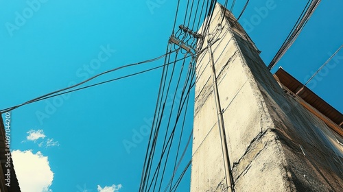 A low-angle view of a concrete utility pole with power lines against a blue sky.