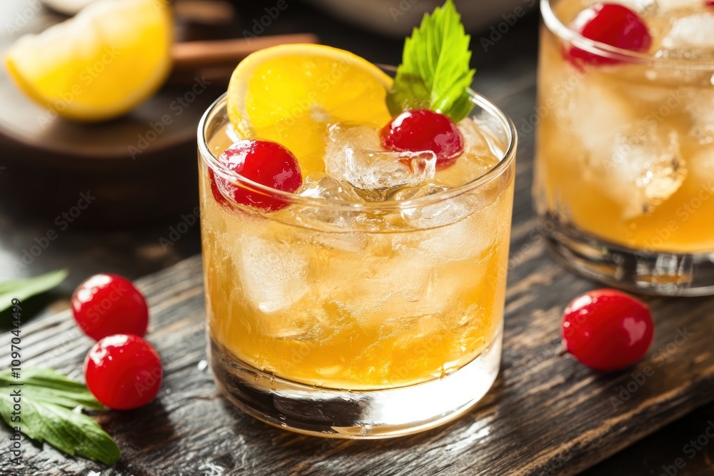 Refreshing Cocktail Garnished With Cherries And Lemon Refreshing Cocktail Garnished With Cherries And Lemon
