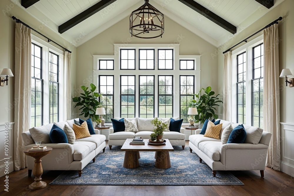 Fototapeta premium Charming Cottage Illustration with Expansive Windows and Welcoming Ambiance