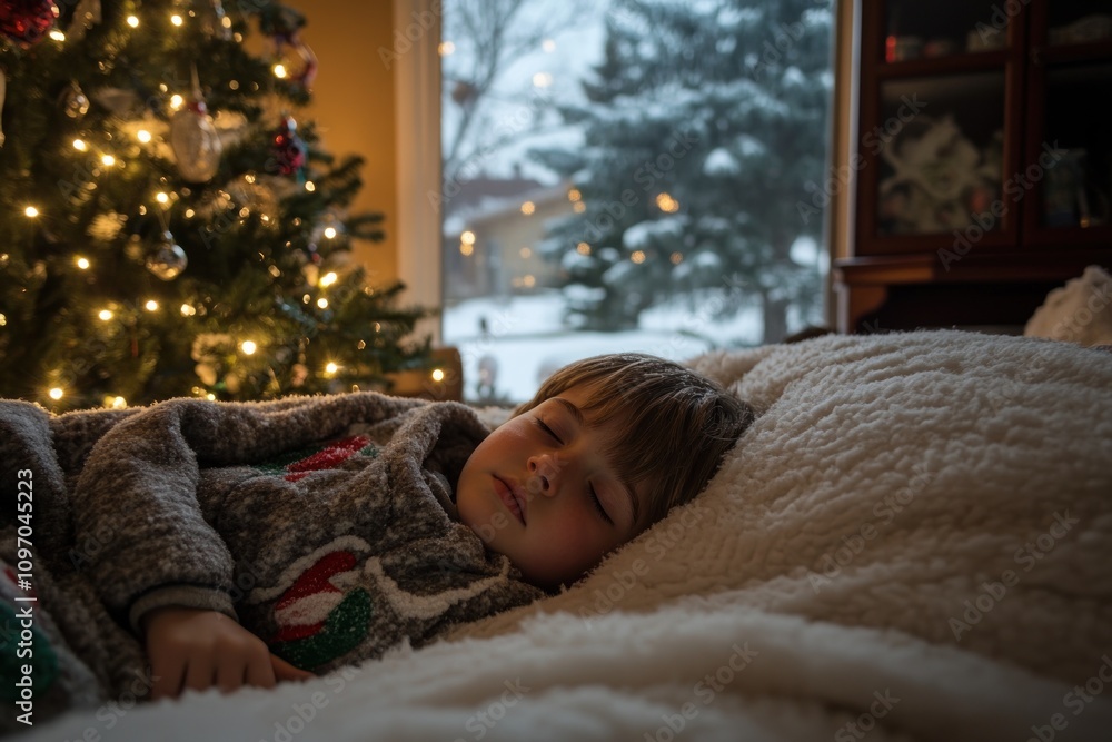 Child Sleeping Peacefully Near Christmas Tree Child Sleeping Peacefully Near Christmas Tree