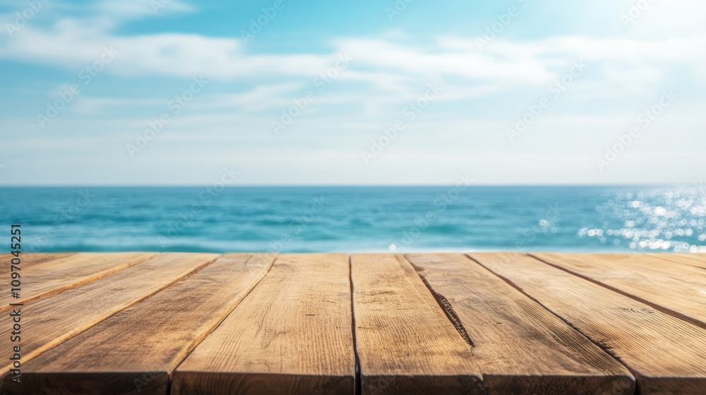 Fototapeta premium Wooden Tabletop Overlooking a Calm Ocean Scene