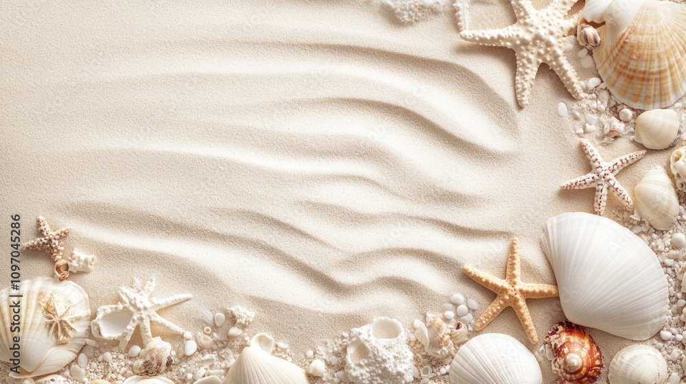Seashells and Starfish Adorn Sandy Beach Background Seashells and Starfish Adorn Sandy Beach Background