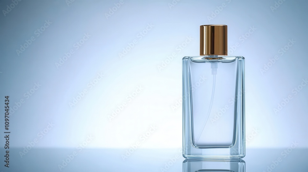 Elegant Transparent Perfume Bottle with Gold Cap on Smooth Surface Against Soft Blue Background for Beauty and Fragrance Product Presentation or Advertisement Elegant Transparent Perfume Bottle with Gold Cap on Smooth Surface Against Soft Blue Background for Beauty and Fragrance Product Presentation or Advertisement