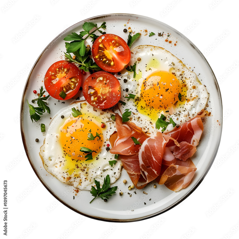 Delicious and healthy breakfast platter with scrambled eggs, bacon, and vegetables Delicious and healthy breakfast platter with scrambled eggs, bacon, and vegetables