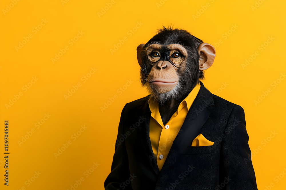 Monkey in a formal suit exuding confidence against a vibrant yellow backdrop. 4k image Monkey in a formal suit exuding confidence against a vibrant yellow backdrop. 4k image
