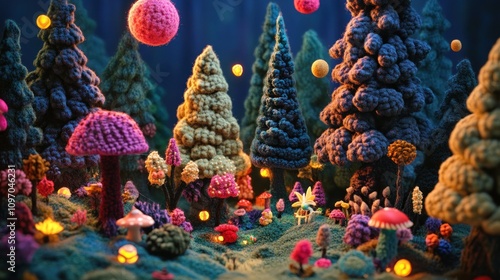 A whimsical forest scene made of yarn featuring colorful trees and mushrooms.
