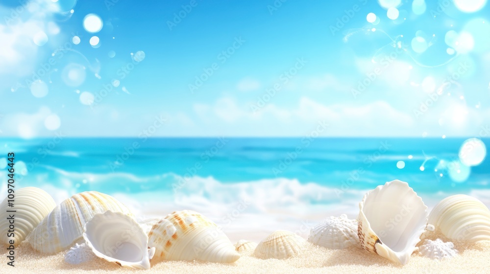 Seashells on Sandy Beach with Ocean View Seashells on Sandy Beach with Ocean View