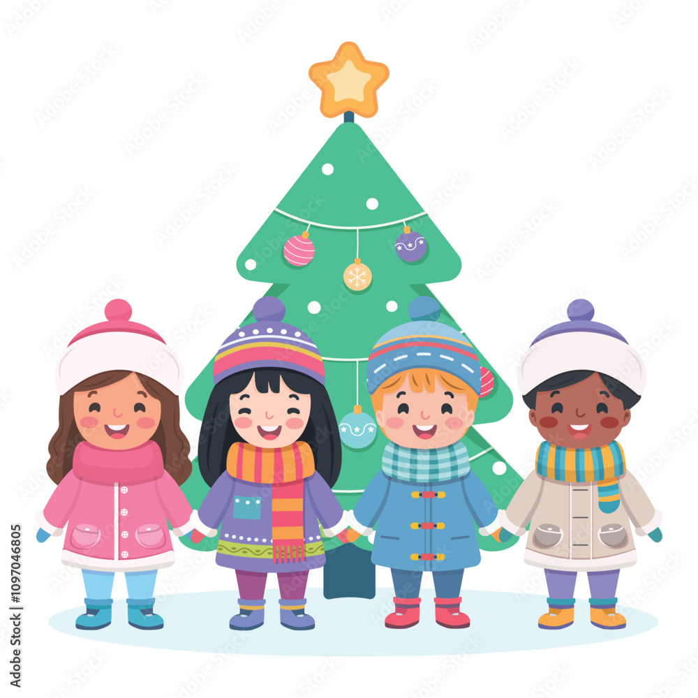 Merry Christmas concept. Cute and friendly multinational children holding hands and Christmas tree on white background. Poster, Banner, Flyer, Greeting Card. Vector illustration in flat cartoon style Merry Christmas concept. Cute and friendly multinational children holding hands and Christmas tree on white background. Poster, Banner, Flyer, Greeting Card. Vector illustration in flat cartoon style