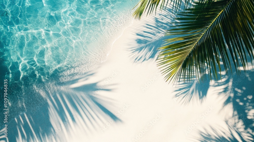 Fototapeta premium Palm Tree Shadows on Tropical Beach Sand and Ocean Water