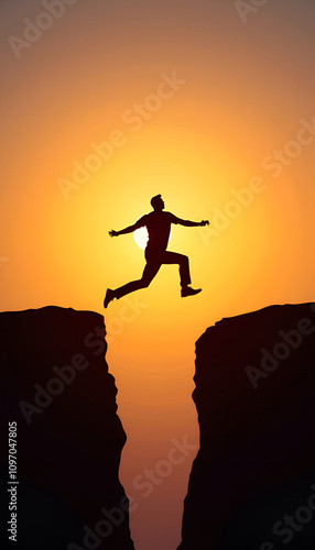 Wallpaper Mural Silhouette of a man jumping between cliffs at sunset, symbolizing freedom and adventure Torontodigital.ca