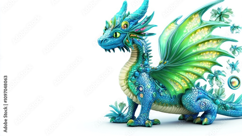 A vibrant, fantastical dragon with colorful scales and large wings, set against a white background. A vibrant, fantastical dragon with colorful scales and large wings, set against a white background.