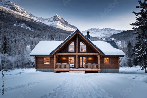 Charming Winter Cabin Surrounded by Snowy Mountains and Forest Landscape