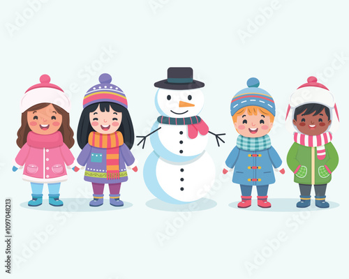 Merry Christmas concept. Cute and friendly multinational children holding hands and snowman on white background. Poster, Banner, Flyer, Greeting Card. Vector illustration in flat cartoon style