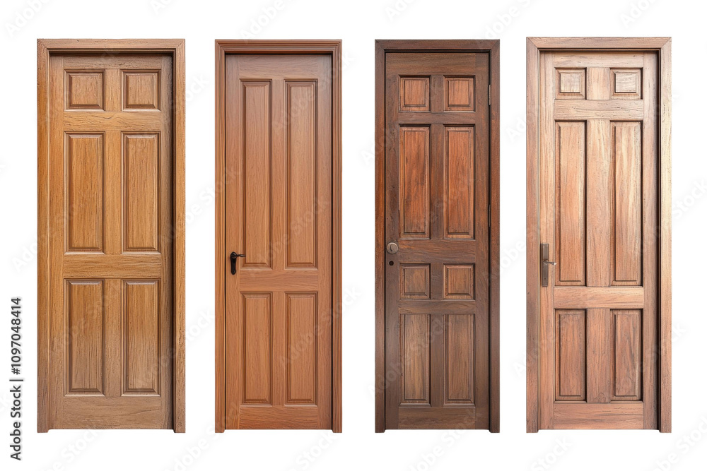 A set of different wooden doors captured in natural light. A set of different wooden doors captured in natural light.