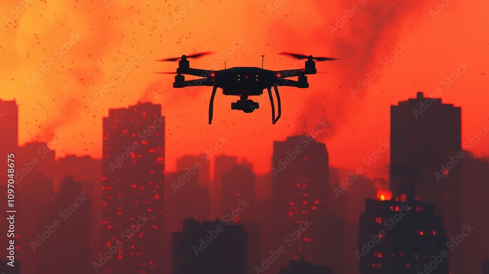Fire alarm and alert detection concept. Drone flying over a city engulfed in orange smoke and flames. Fire alarm and alert detection concept. Drone flying over a city engulfed in orange smoke and flames.
